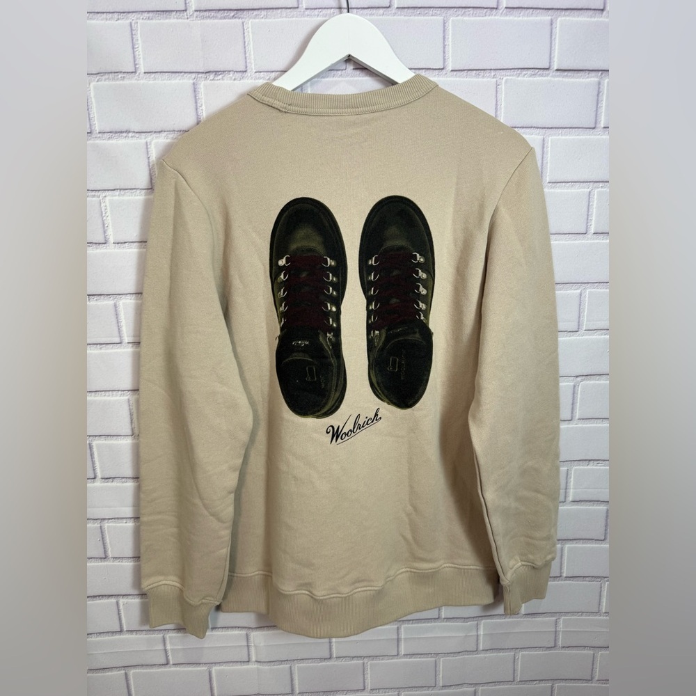 Woolrich Graphic 100% Crewneck Sweatshirt Boots Print Beige Size S - Picture 6 of 12